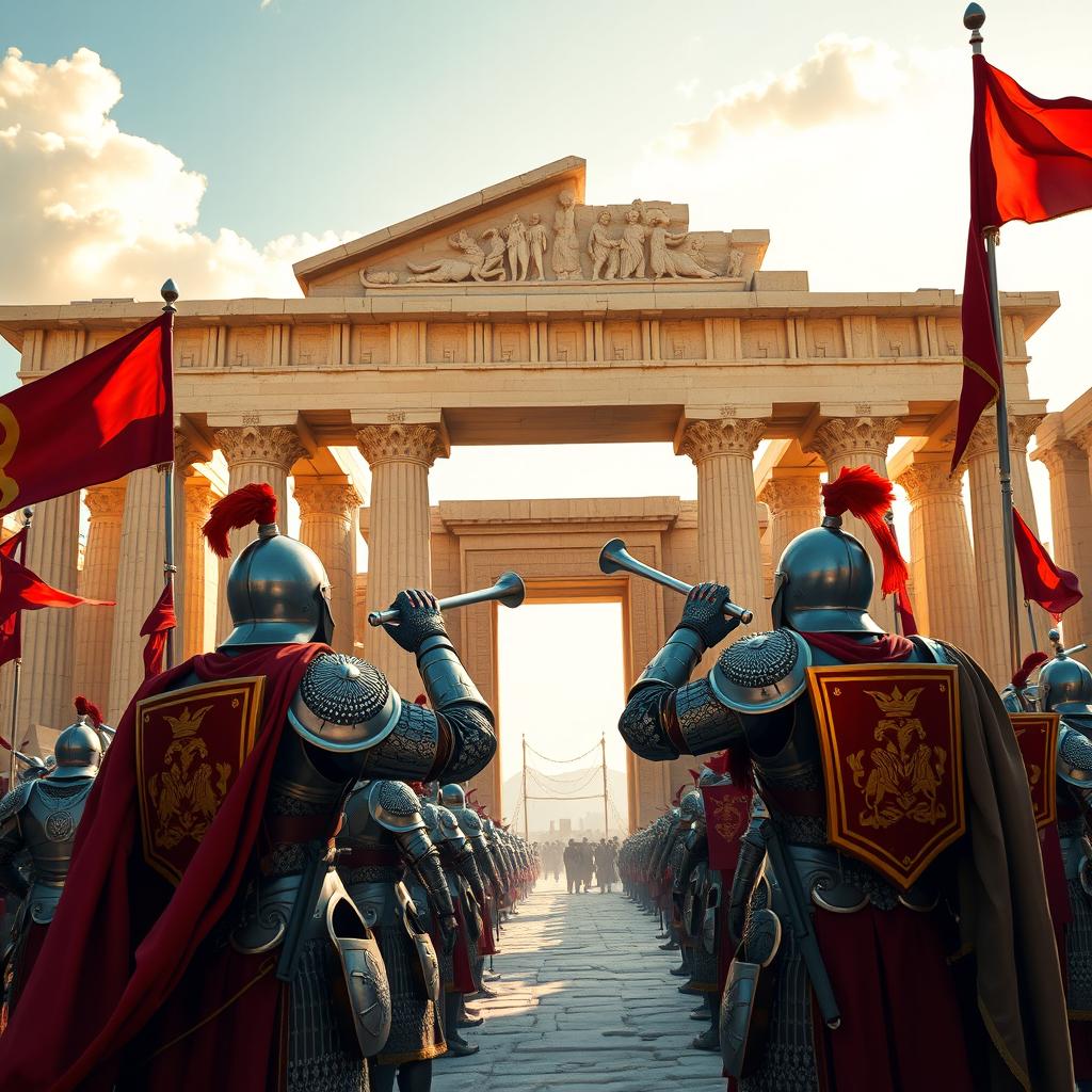 A grand scene depicting knights in elaborate medieval armor blowing trumpets near the majestic gate of Persepolis