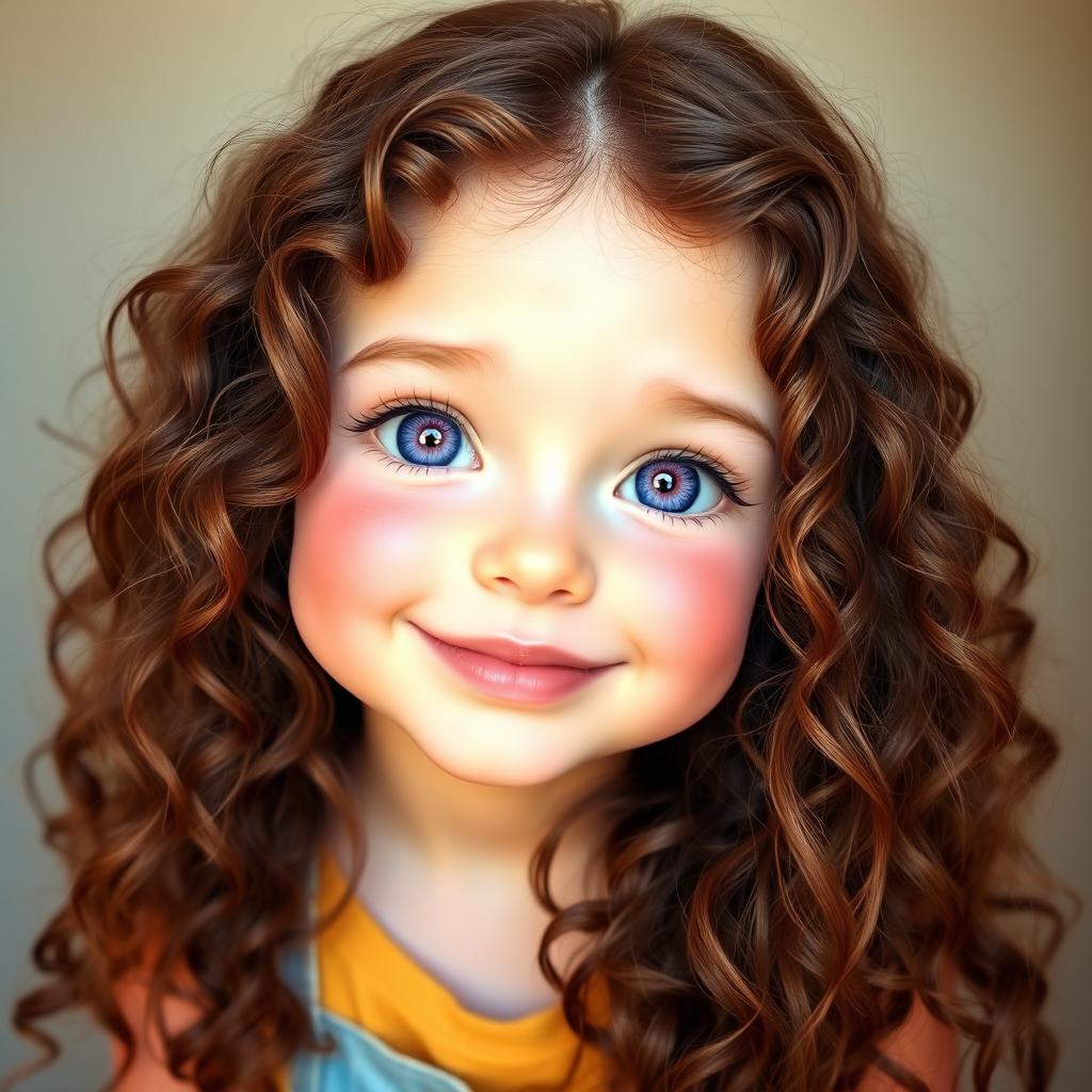 A beautiful white girl with long, curly, and frizzy brown hair cascading down her shoulders