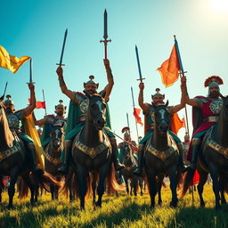 A group of Achaemenid knights in ornate armor, celebrating victoriously after winning a war