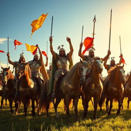 A group of Achaemenid knights in ornate armor, celebrating victoriously after winning a war