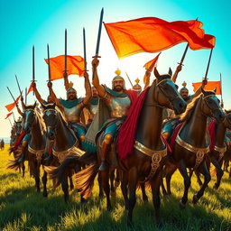 A group of Achaemenid knights in ornate armor, celebrating victoriously after winning a war
