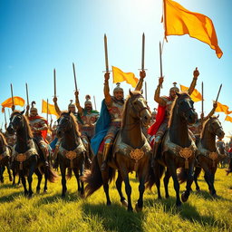 A group of Achaemenid knights in ornate armor, celebrating victoriously after winning a war