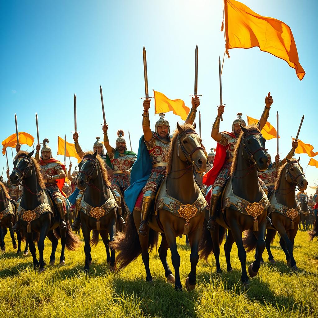 A group of Achaemenid knights in ornate armor, celebrating victoriously after winning a war