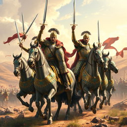 A vibrant scene of Achaemenid knights celebrating their victory after a fierce battle