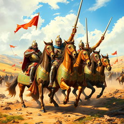 A vibrant scene of Achaemenid knights celebrating their victory after a fierce battle