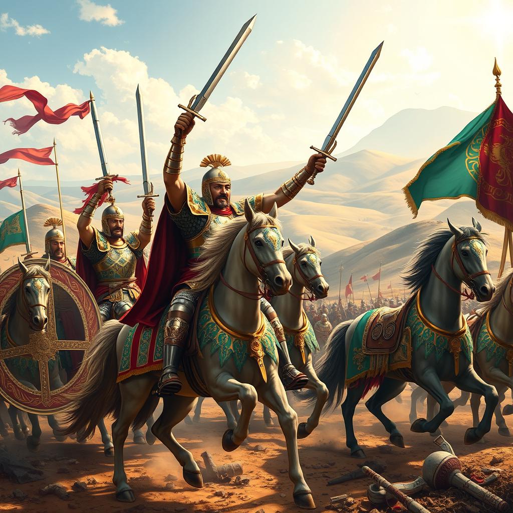 A vibrant scene of Achaemenid knights celebrating their victory after a fierce battle