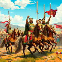 A vibrant scene of Achaemenid knights celebrating their victory after a fierce battle