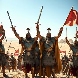 A group of Achaemenid knights celebrating their victory after a battle, dressed in ornate armor with intricate designs, waving flags and swords in the air