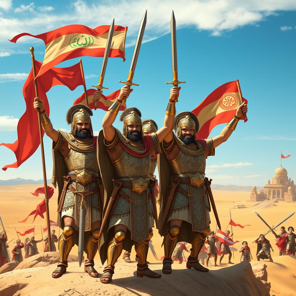 A group of Achaemenid knights celebrating their victory after a battle, dressed in ornate armor with intricate designs, waving flags and swords in the air