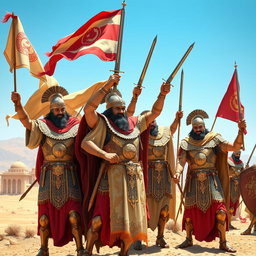 A group of Achaemenid knights celebrating their victory after a battle, dressed in ornate armor with intricate designs, waving flags and swords in the air