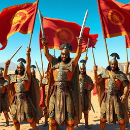 A group of Achaemenid knights celebrating their victory after a battle, dressed in ornate armor with intricate designs, waving flags and swords in the air
