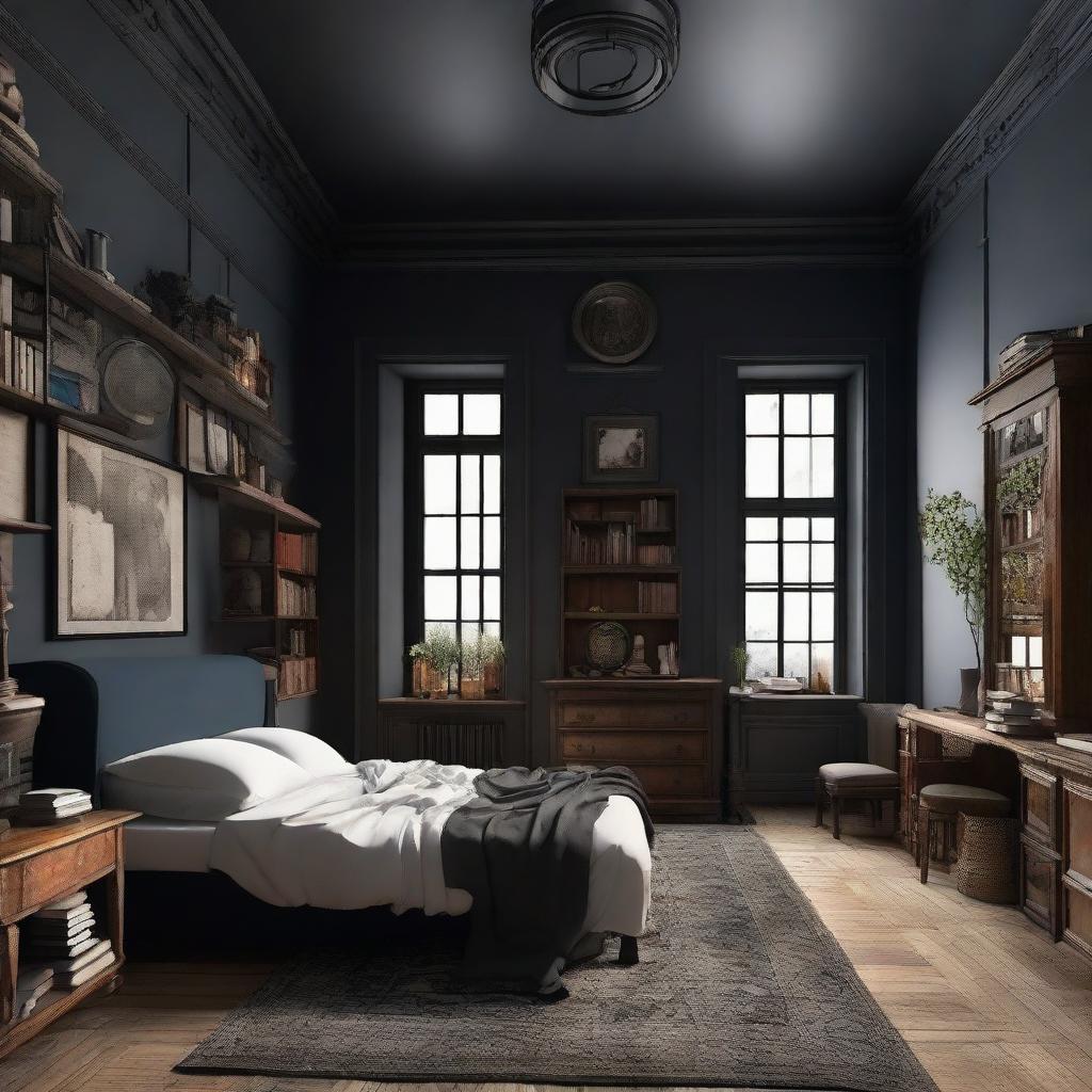 Design a warm, witchy dark academia bedroom with fewer books. The bed is centrally located, flanked by a regular window on its right, two small square windows at the back on both sides. An ensuite bathroom is situated to the left of the bed.