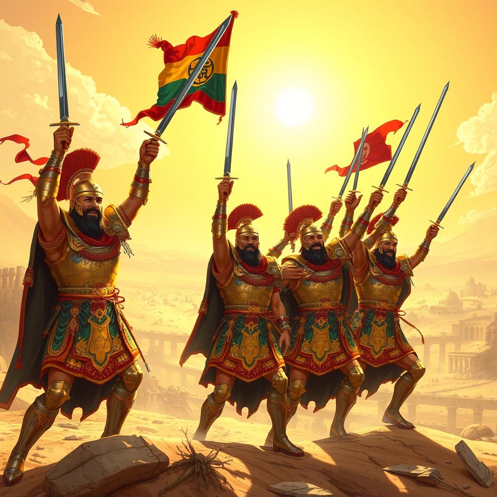 A vibrant scene depicting Achaemenid knights celebrating their victory after a fierce battle