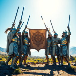 A grand scene depicting Achaemenid knights joyously celebrating after a victorious battle
