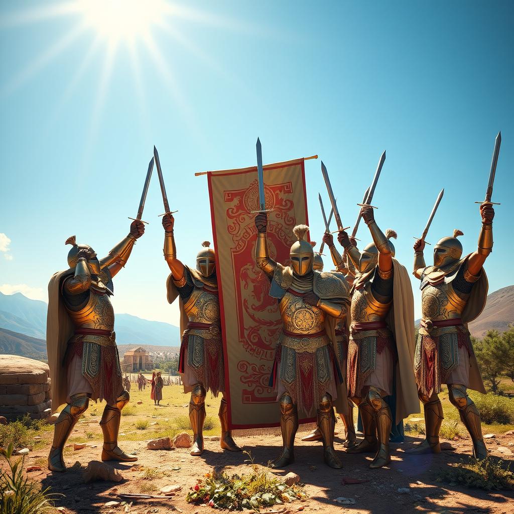 A grand scene depicting Achaemenid knights joyously celebrating after a victorious battle
