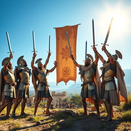 A grand scene depicting Achaemenid knights joyously celebrating after a victorious battle