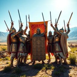 A grand scene depicting Achaemenid knights joyously celebrating after a victorious battle