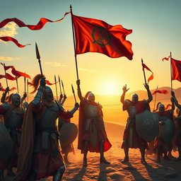 A grand scene depicting Achaemenid knights celebrating their victory in war, with vibrant banners flowing in the wind