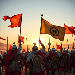 A grand scene depicting Achaemenid knights celebrating their victory in war, with vibrant banners flowing in the wind