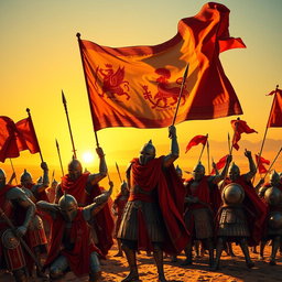 A grand scene depicting Achaemenid knights celebrating their victory in war, with vibrant banners flowing in the wind