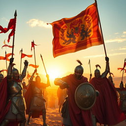 A grand scene depicting Achaemenid knights celebrating their victory in war, with vibrant banners flowing in the wind