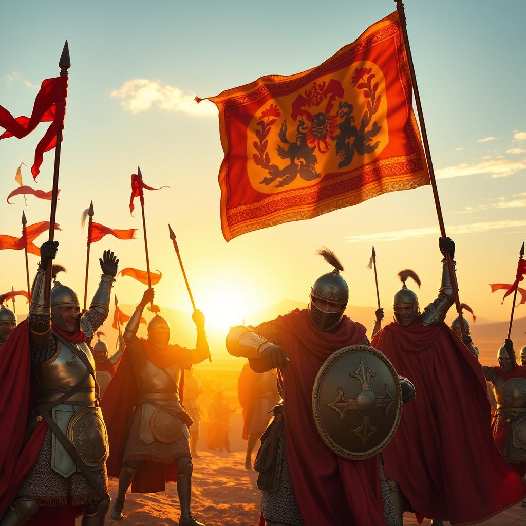 A grand scene depicting Achaemenid knights celebrating their victory in war, with vibrant banners flowing in the wind