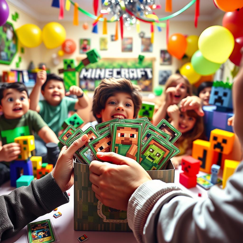 A vibrant, colorful scene depicting a thrilling Minecraft card unboxing event
