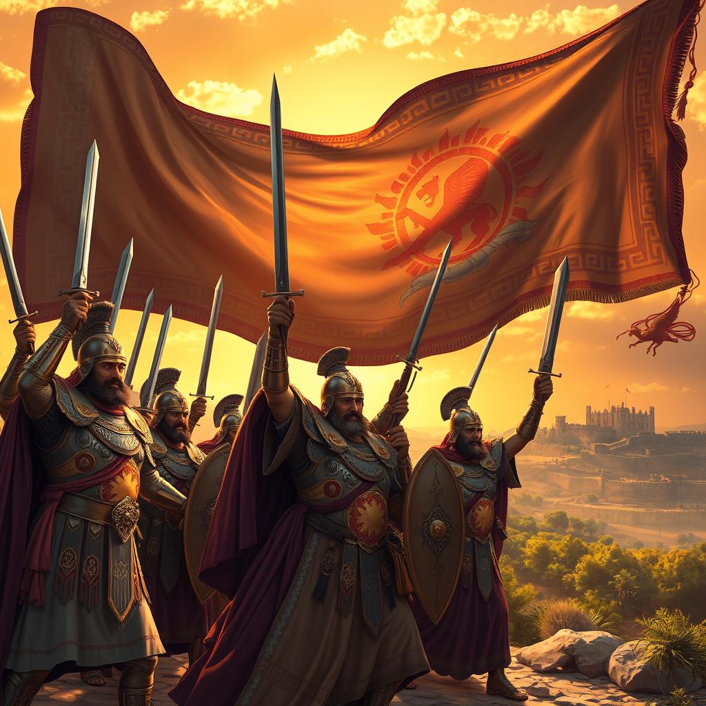 A grand scene of Achaemenid knights celebrating a triumphant victory in an ancient Persian landscape
