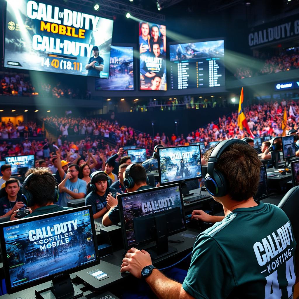 An exciting Call of Duty Mobile tournament scene filled with competitive energy, showing a packed arena with fans eagerly watching the matches unfold on large screens