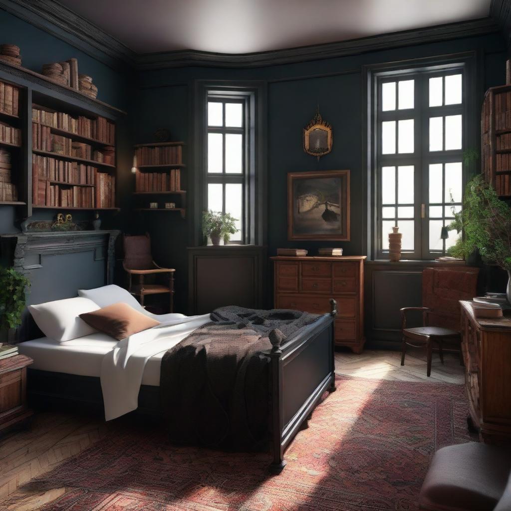 Design a warm, witchy dark academia bedroom with fewer books. The bed is centrally located, flanked by a regular window on its right, two small square windows at the back on both sides. An ensuite bathroom is situated to the left of the bed.