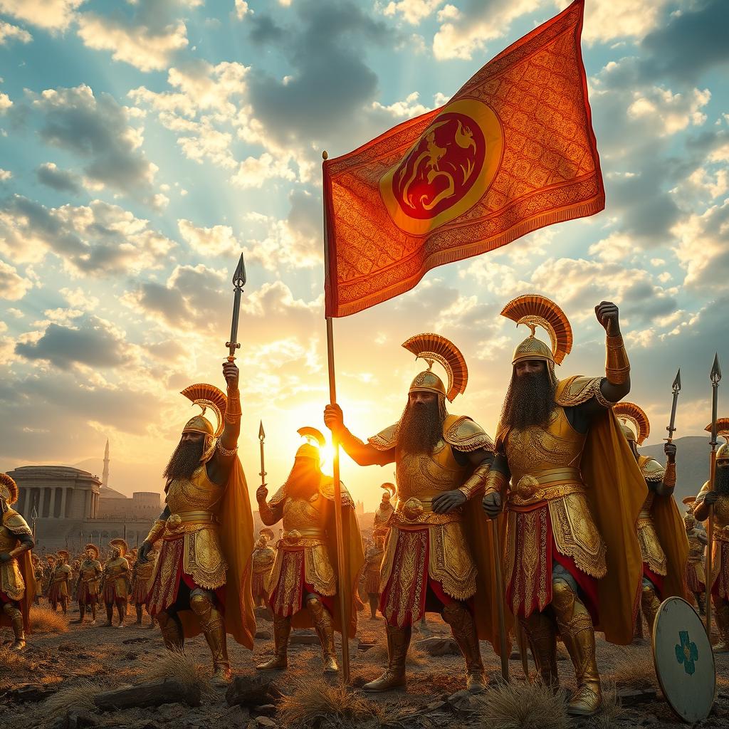 A majestic scene of Achaemenid knights clad in intricate golden armor, celebrating their victory in an ancient battlefield