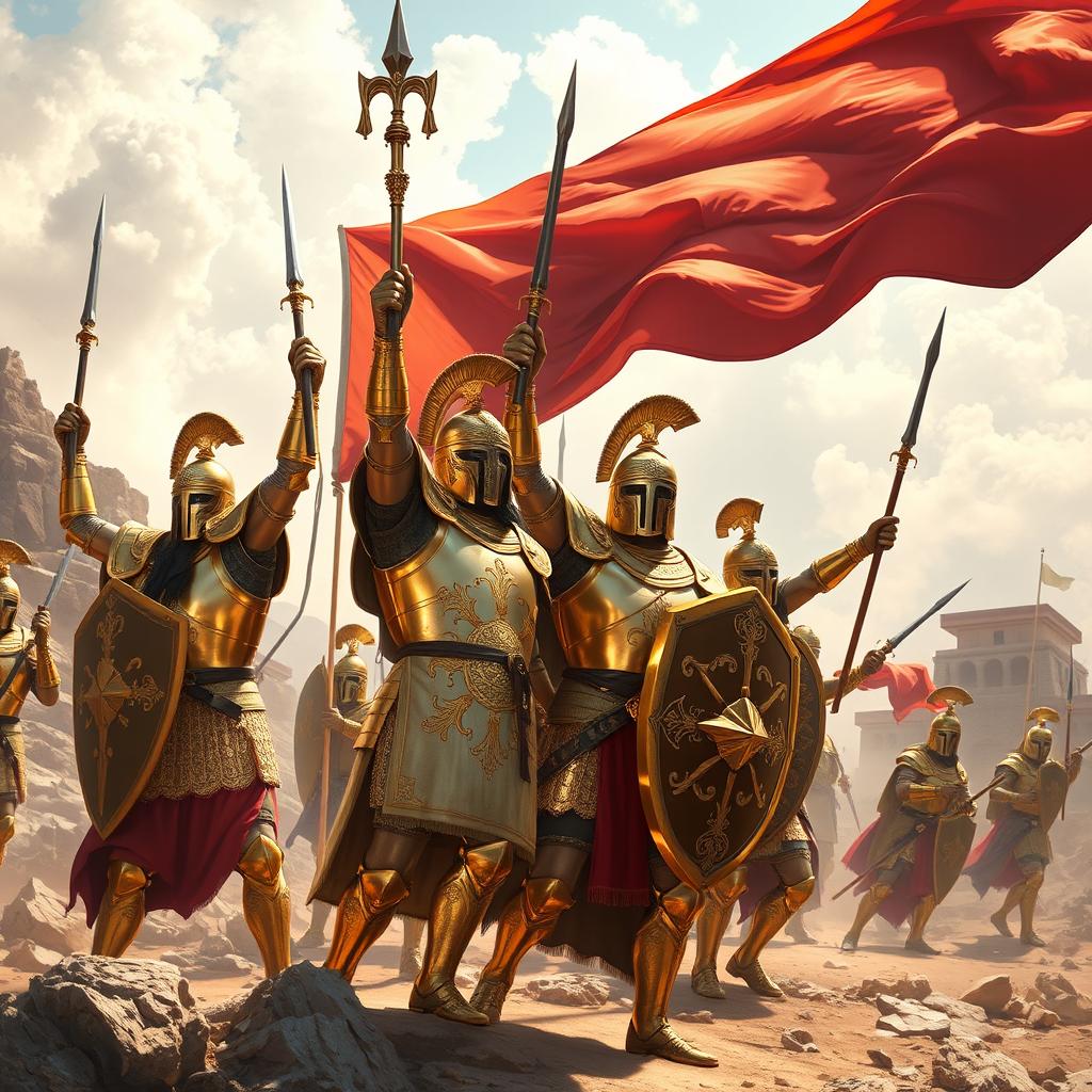 A scene depicting Achaemenid knights clad in ornate golden armor, celebrating a grand victory in battle