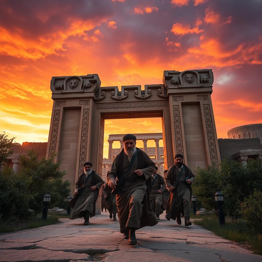 A dramatic and historical scene depicting the escape of mullahs from the ancient gates of Persepolis, set in a vibrant sunset