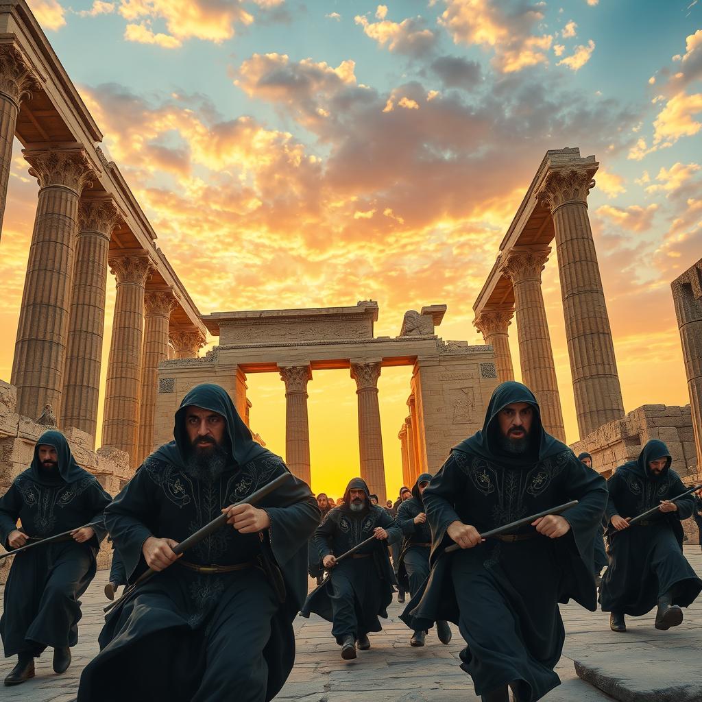 A dramatic scene depicting the escape of mullahs from the grand gate of Persepolis