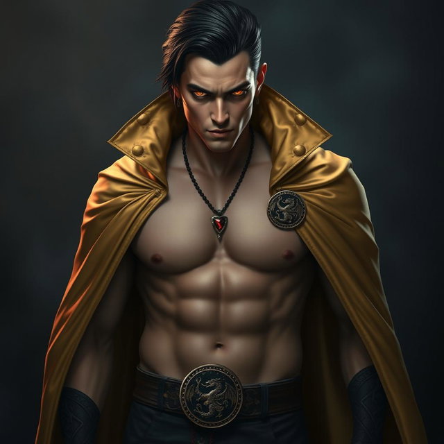 A super sexy and attractive vampire with a toned six-pack, wearing a pure silk golden cloak adorned with a dragon emblem