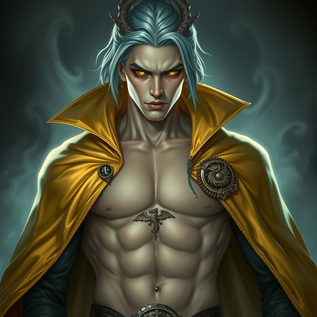 A super sexy and attractive vampire with a toned six-pack, wearing a pure silk golden cloak adorned with a dragon emblem