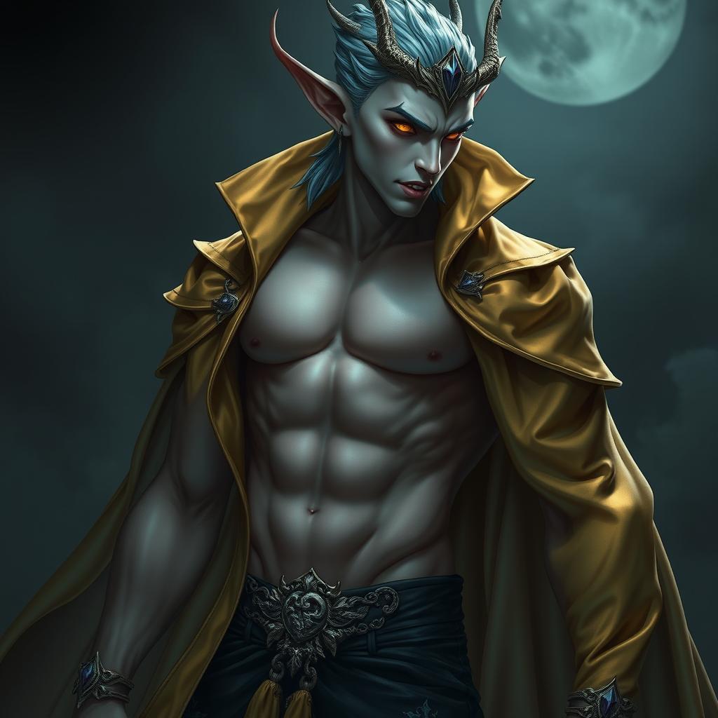 A super sexy and attractive vampire with a toned six-pack, wearing a pure silk golden cloak adorned with a dragon emblem