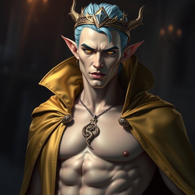 A super sexy and attractive vampire with a toned six-pack, wearing a pure silk golden cloak adorned with a dragon emblem
