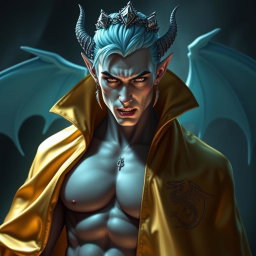 A super sexy and attractive vampire with a toned six-pack, wearing a pure silk golden cloak adorned with a dragon emblem