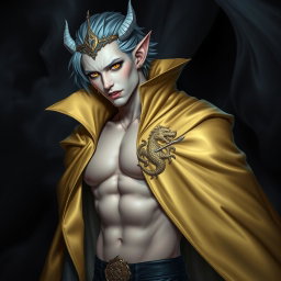 A super sexy and attractive vampire with a toned six-pack, wearing a pure silk golden cloak adorned with a dragon emblem