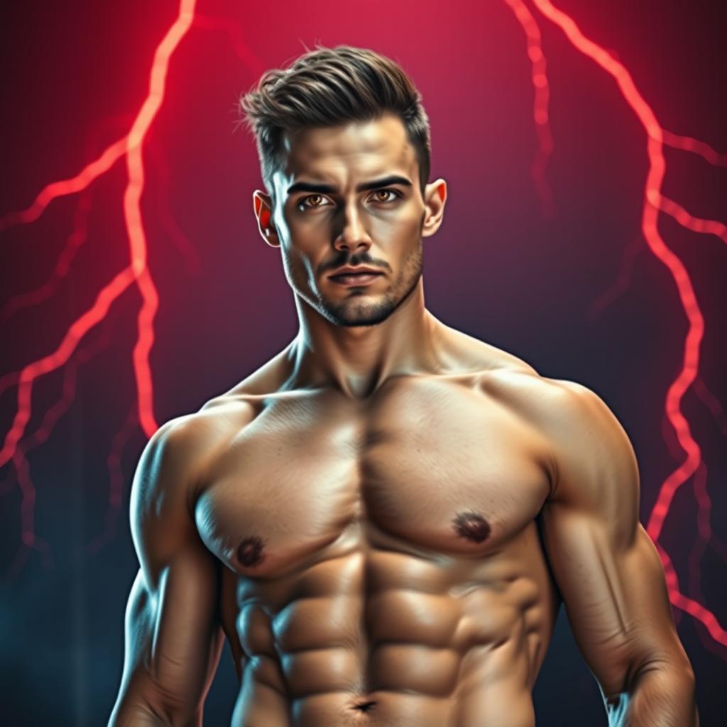 A full-body image of a fit man with a toned six-pack and captivating golden eyes