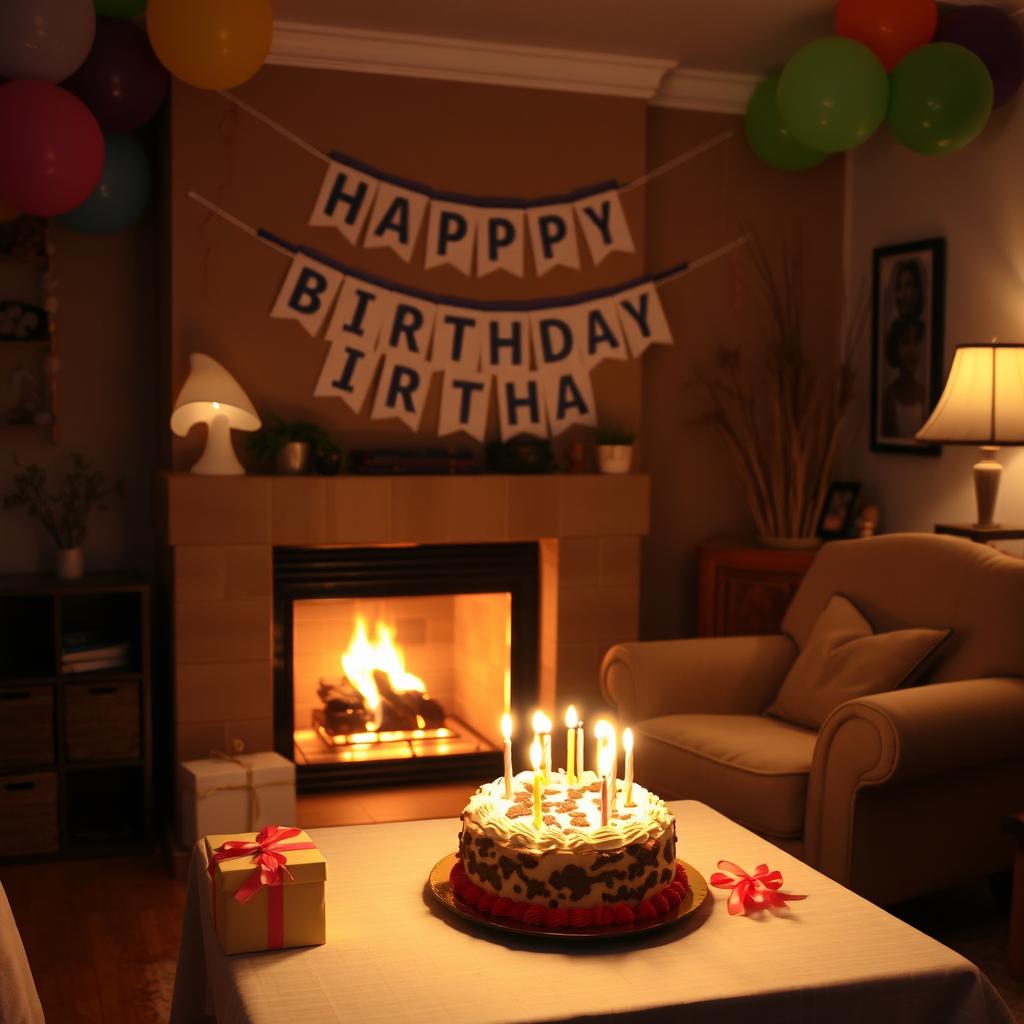 A warm and cozy indoor scene celebrating a birthday, featuring a beautifully decorated room with a fireplace