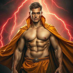A full-body image of a fit man with a defined six-pack, wearing a flowing golden cloak