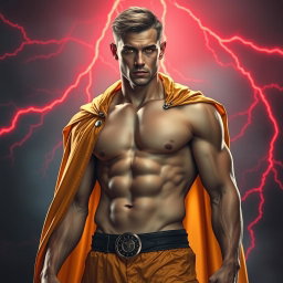 A full-body image of a fit man with a defined six-pack, wearing a flowing golden cloak