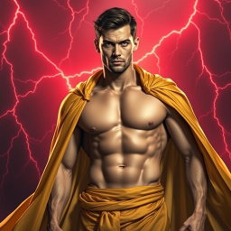 A full-body image of a fit man with a defined six-pack, wearing a flowing golden cloak