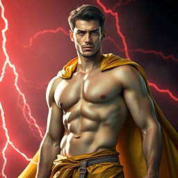 A full-body image of a fit man with a defined six-pack, wearing a flowing golden cloak