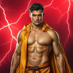 A full-body image of a fit man with a defined six-pack who is not overly muscular, wearing a flowing golden cloak