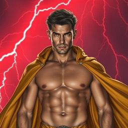A full-body image of a fit man with a defined six-pack who is not overly muscular, wearing a flowing golden cloak