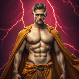A full-body image of a fit man with a defined six-pack who is not overly muscular, wearing a flowing golden cloak
