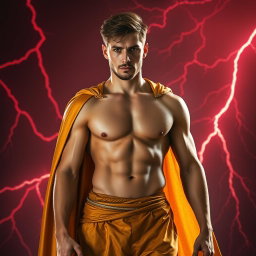 A full-body image of a fit man with a defined six-pack who is not overly muscular, wearing a flowing golden cloak